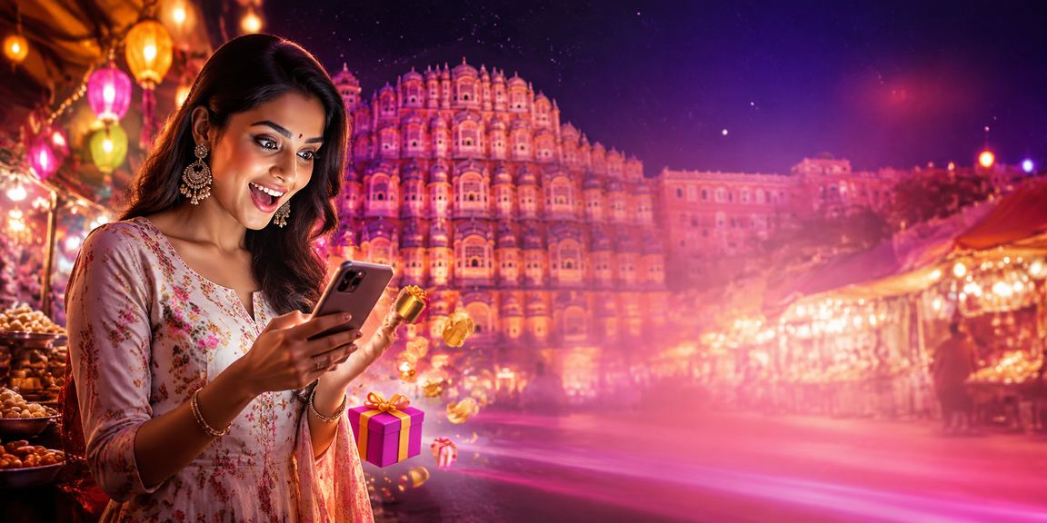 Jaipur Hawa Mahal with Indian casino app user in kurti